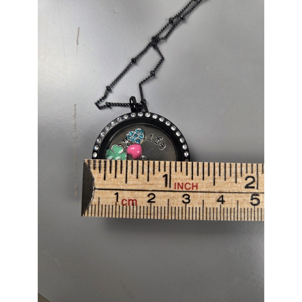 Origami Owl Pendant Necklace w/ 5 Charms Black Rhinestones 16-18" - Picture 4 of 4